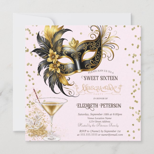 Invitación Mardi Gras Masque Diamantes Champagne Sweet 16 (Anverso)