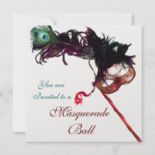 Invitación MARDI GRAS MASQUERADE BALL Máscaras de plumas verd