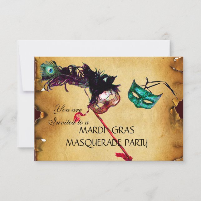 Invitación MARDI GRAS MASQUERADE FIESTA, pergamino rsvp (Anverso)