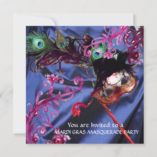 INVITACIÓN MARDI GRAS MASQUERADE FIESTA, ROPA DE SEDA AZUL (Anverso)