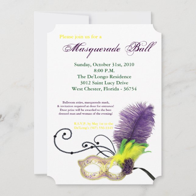 Invitación Mardi Gras Masquerade Máscara de pelota disfraz Ha (Anverso)