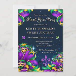 Invitación Mardi Gras Masquerade Sweet 16