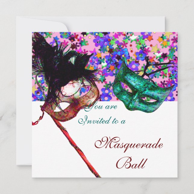 Invitación MARDI GRAS MASQUERADE Y CONFETTI azul rosa blanco (Anverso)