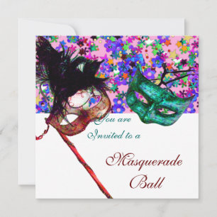 Invitación MARDI GRAS MASQUERADE Y CONFETTI azul rosa blanco