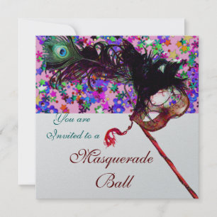 Invitación MARDI GRAS MASQUERADE Y CONFETTI plata rosa blanca