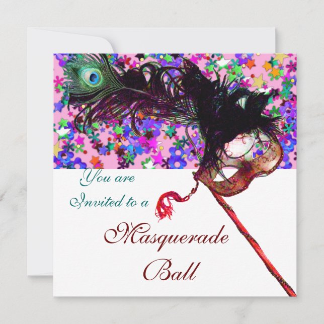Invitación MARDI GRAS MASQUERADE Y CONFETTI rosa morado blanc (Anverso)