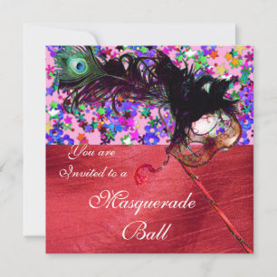 Invitación MARDI GRAS MASQUERADE Y CONFETTI seda roja
