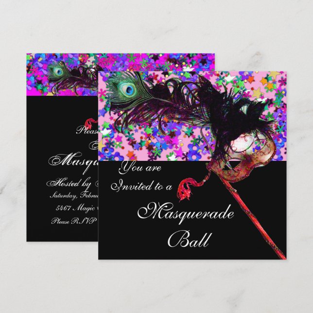 Invitación MARDI GRAS MASQUERADE Y CONFETTI Silver (Anverso / Reverso)