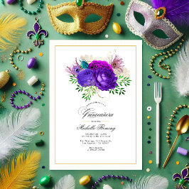 Invitación Mardi Gras Morado y Floral Caliente Rosa Quinceañe