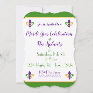 Invitación Mardi Gras NOMBRE Verde Dorado Púrpura Fleur de Li