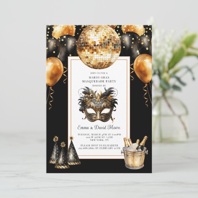 Invitación Mardi Gras Oro Negro Brillante (Anverso de pie)