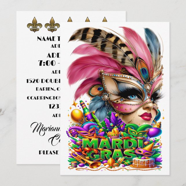 Invitación Mardi Gras - Party Invitation (Anverso / Reverso)