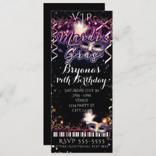 Invitación Mardi Gras Plum Gold VIP Ticket de fiesta de cumpl