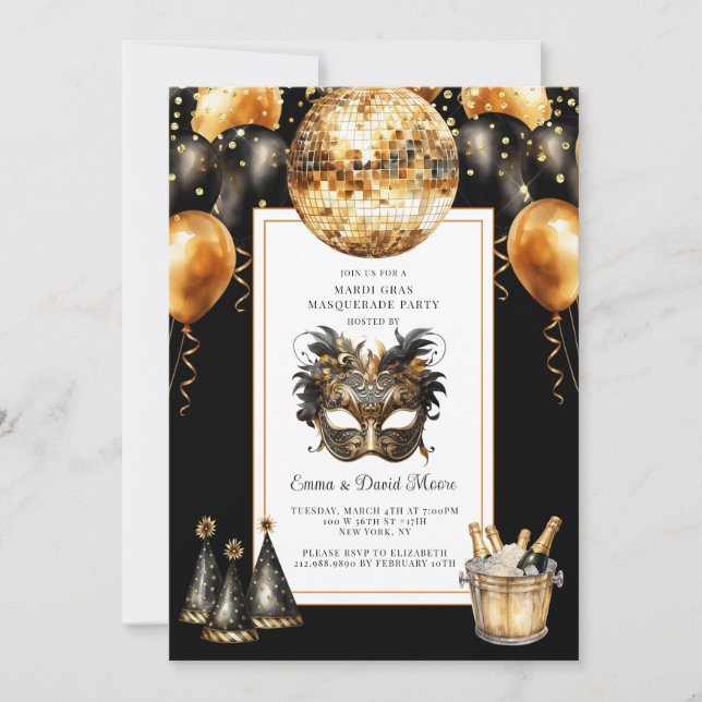 Invitación Mardi Gras Purpurina de oro negro (Anverso)