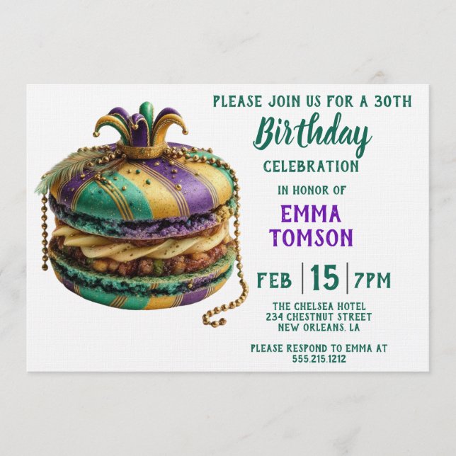 Invitación Mardi Gras Royal Macaron Birthday (Anverso)