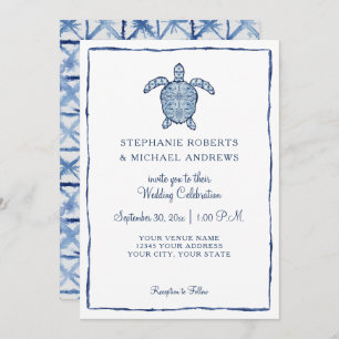 Invitación Marea acuática Tortuga Boda Shibori Indigo