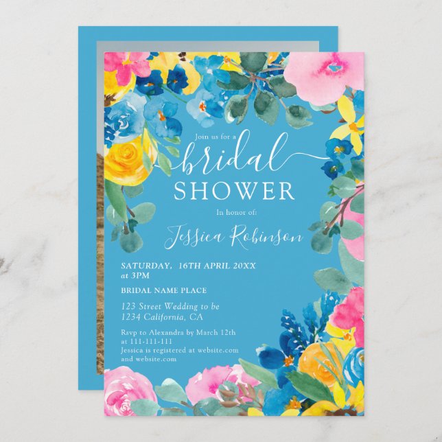 Invitación Marea azul ruidosa de verano foto floral ducha de  (Anverso / Reverso)
