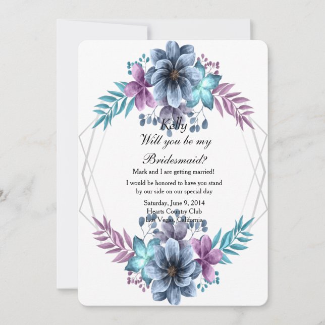 Invitación Marea Floral Azul Y Púrpura (Anverso)