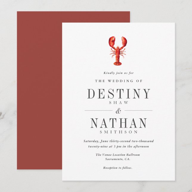 Invitación Marea roja| Escarlata de Boda temática de langosta (Anverso / Reverso)