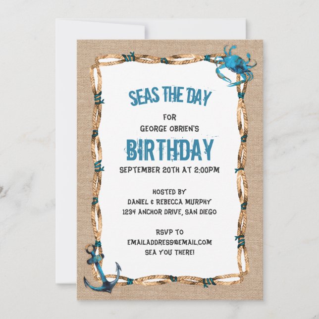 Invitación Mares: Anclaje del día y cumpleaños del cangrejo (Anverso)
