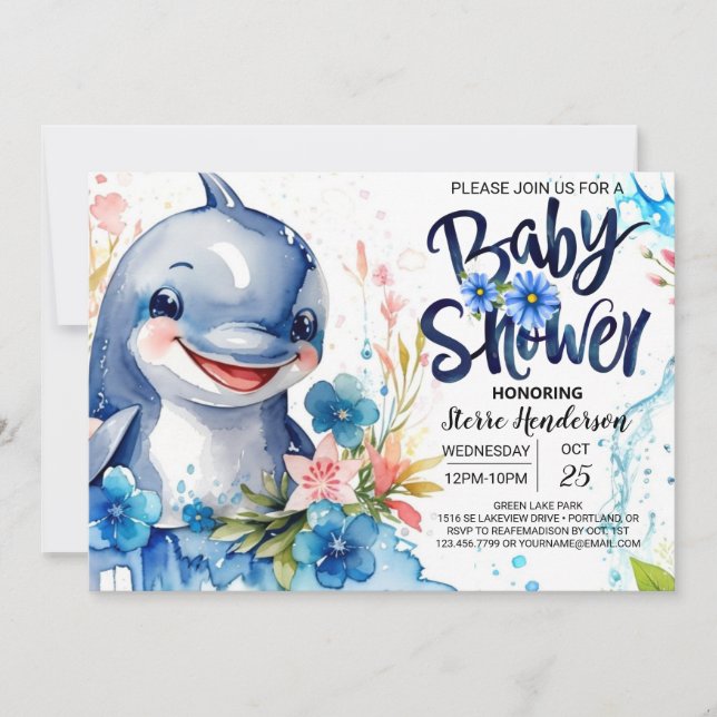 Invitación Mares azules y delfín floral Baby Shower (Anverso)