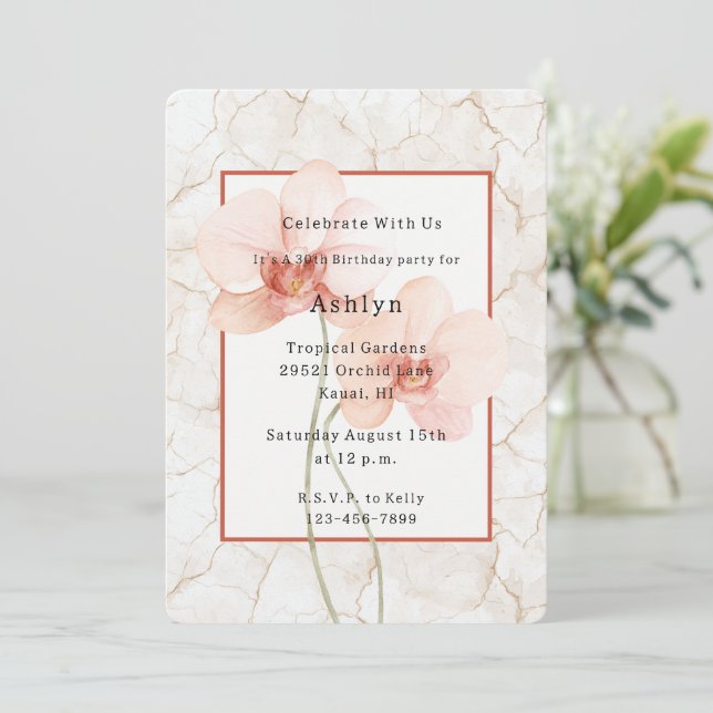 Invitación Marfil Agrietado Orquídea Rosa Tropical Cumpleaños (Anverso de pie)
