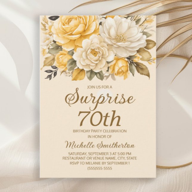Invitación Marfil Amarillo Crema Acuarela Sorpresa Floral (Yellow and ivory/cream-colored watercolor floral surprise 70th birthday party invitation for her.)