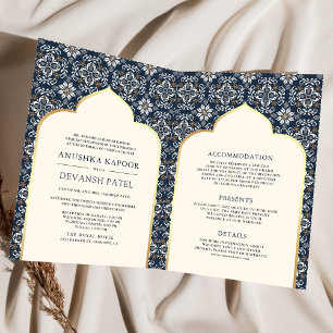 Invitación Marfil Azul Marino Patrón Todo en Uno Boda India