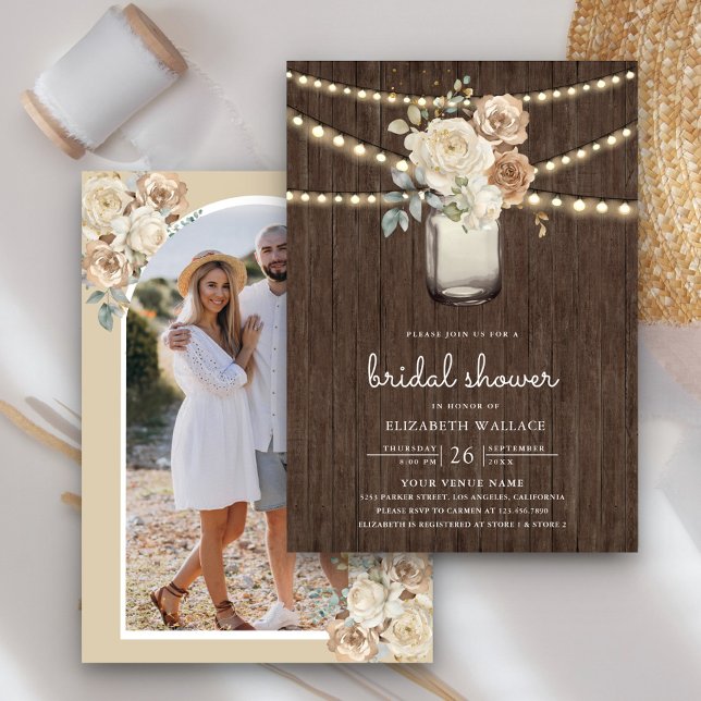 Invitación Marfil Beige Floral Mason Jar Foto Ducha de novia (Subido por el creador)