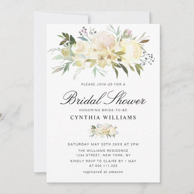 Invitación marfil blanco floral Ducha de novia (Anverso)