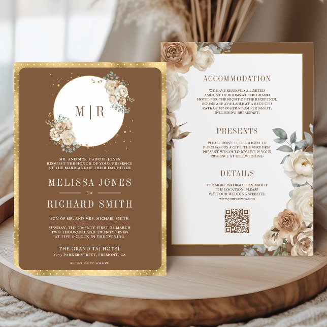 Invitación Marfil Brown Beige Floral Gold Todo en un Boda (Subido por el creador)