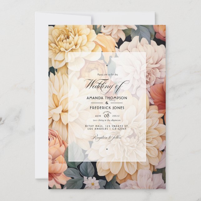 Invitación Marfil, champán y Boda floral blanca (Anverso)