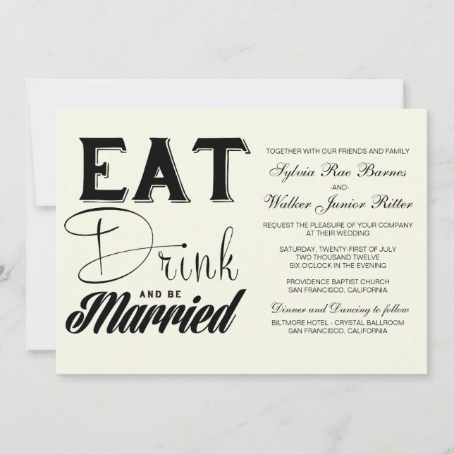 Invitación Marfil - coma la bebida y esté casado - boda (Anverso)