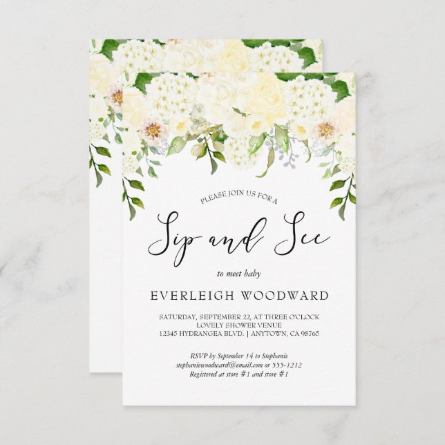 Invitación Marfil Cream Floral Green Sip and See Baby (Anverso / Reverso)