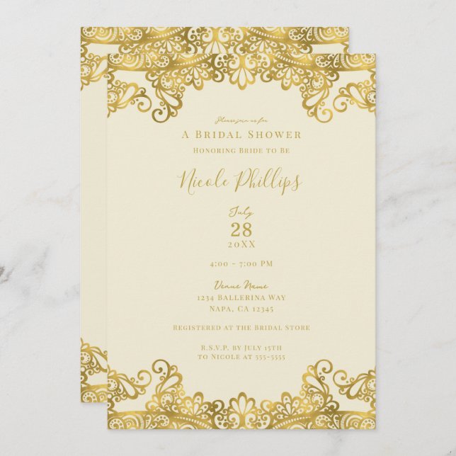 Invitación Marfil Cream & Gold Lace Elegante Ducha Bridal (Anverso / Reverso)