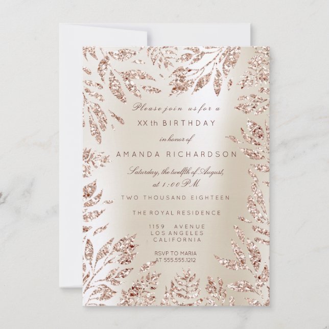 Invitación Marfil Creamy Rosa Purpurina de oro deja marco flo (Anverso)