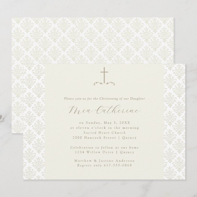 Invitación Marfil Damask Cream Cross Christening / Baptism (Anverso / Reverso)