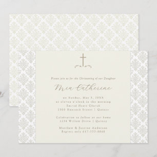Invitación Marfil Damask Cream Cross Christening / Baptism