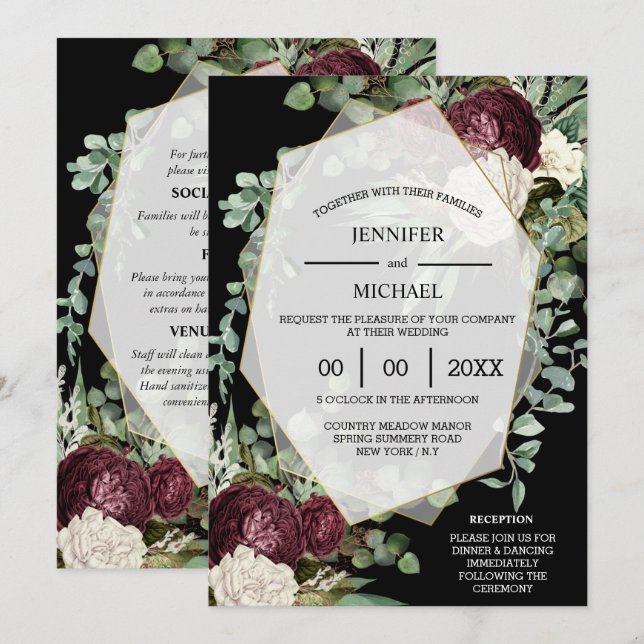 Invitación Marfil de Borgoña rosa de mohos oscuros eucalipto (Anverso / Reverso)
