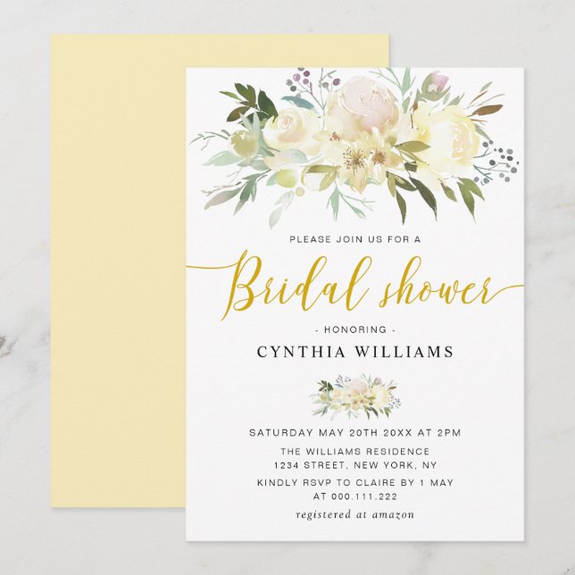 Invitación marfil de champán floral Ducha de novia (Anverso / Reverso)