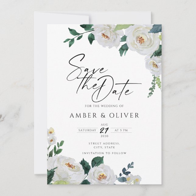 Invitación Marfil De Esmeralda Blanco Elegante Floral Salvar  (Anverso)