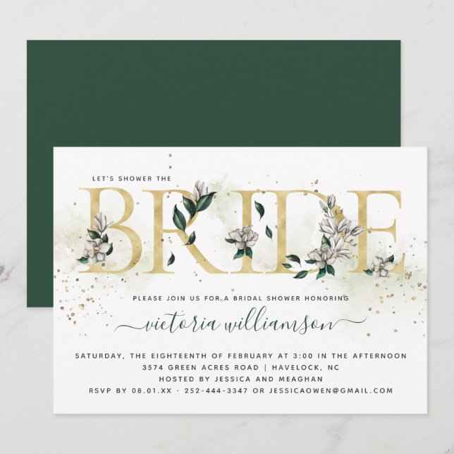 Invitación Marfil Emerald Gold Magnolia Floral Bridal Shower (Anverso / Reverso)