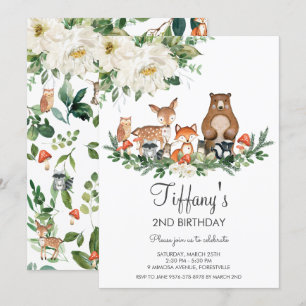 Invitación Marfil Floral blanca Cute Woodland Animales Cumple