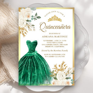 Invitación Marfil Floral Esmeralda Verde Oro Quinceanera