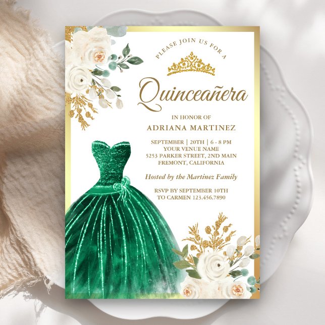 Invitación Marfil Floral Esmeralda Verde Oro Quinceanera (Subido por el creador)