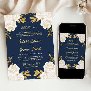 Invitación Marfil Floral Oro Azul Marino Boda Musulmana