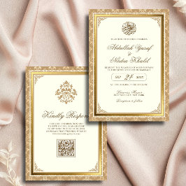 Invitación Marfil Gold Damask Elegance Código QR Boda musulmá