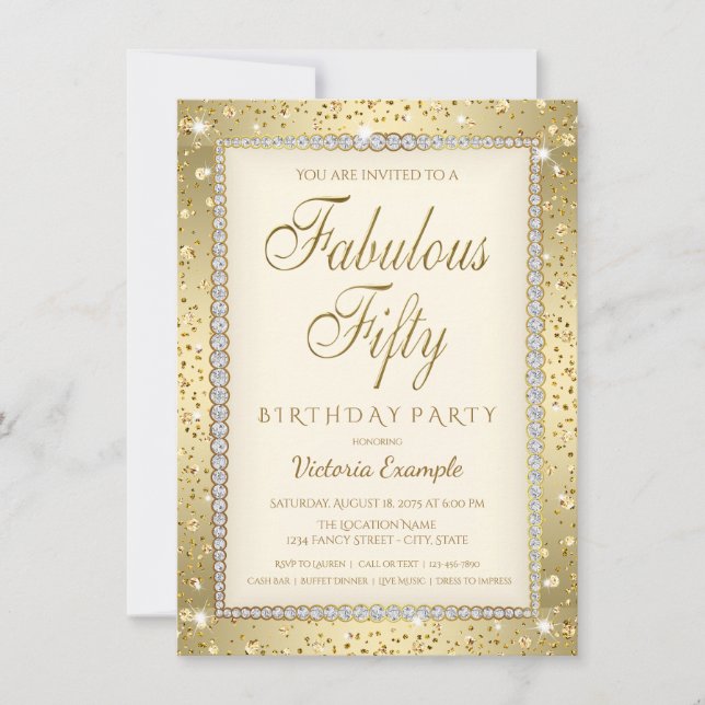 Invitación Marfil Gold Diamond Fabulous 50 Birthday Invitatio (Anverso)