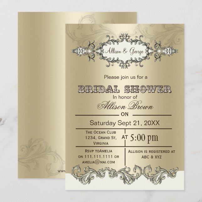 Invitación Marfil Gold Scroll Elegant bridal Ducha invita (Anverso / Reverso)