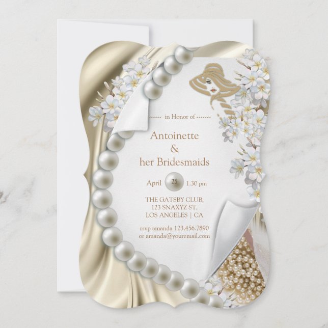 Invitación Marfil, Green, Blue, Gold Seda & Pearls Bridal Par (Anverso)